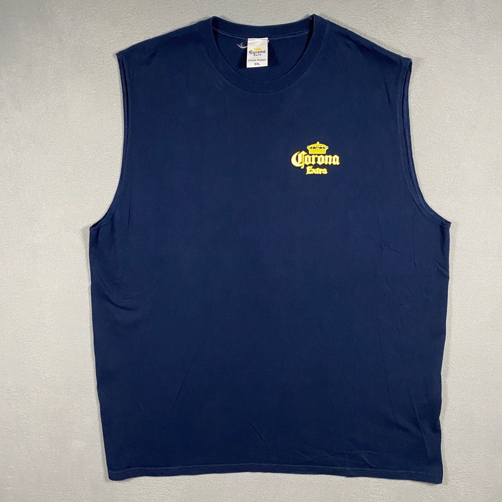 Y2K Corona Extra Sleeveless Muscle Tee Mens XXL Navy Blue Cancun Mexico Shirt